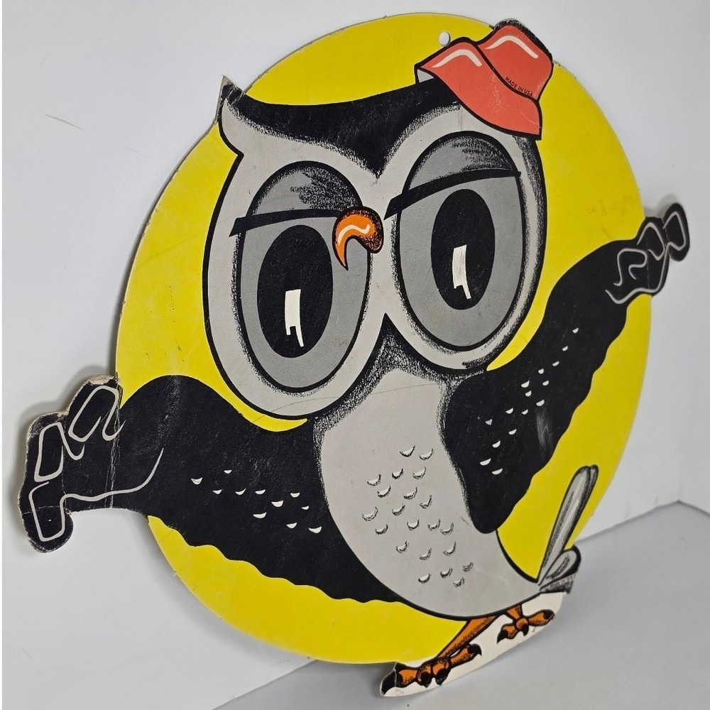 Vintage MCM Owl Die Cut Cardboard Sign Give a Hoot 12 Inch USA Classroom Teacher